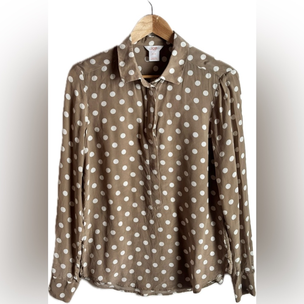Joe Fresh JC Penny Silk Polka Dot Long Sleeve Blouse Beige and White